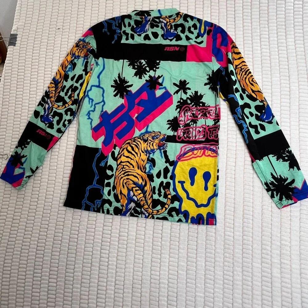Reason Mens Graphic Long Sleeve Shirt Tiger Palm Print Medium Cotton Multicolor